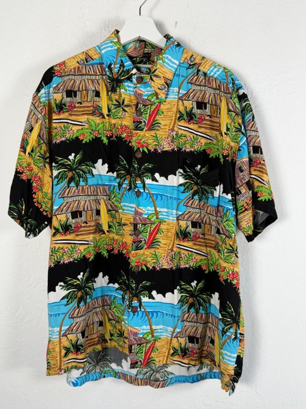 Ron Anderson Kahala Men Hawaiian Shirt Large Surf Beach Scene Tiki Hut Surfboard